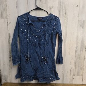 Riviera Sun Blue Embroidered Long Sleeve Tunic Top Womens Size Medium
